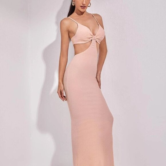 BODYCON CUT OUT SPLIT HEM MAXI DRESS BABY PINK - Picture 5 of 13